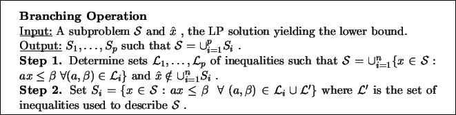 \framebox[5.75in]{
\begin{minipage}{5.25in}
\vskip .1in
{\rm
{\bf Branching Oper...
...\space is the set of inequalities used to describe ${\cal S}$ .}
\end{minipage}}