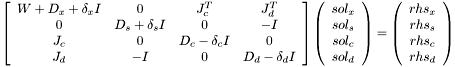 $\left[\begin{array}{cccc} W + D_x + \delta_xI & 0 & J_c^T & J_d^T\\ 0 & D_s + \delta_sI & 0 & -I \\ J_c & 0 & D_c - \delta_cI & 0\\ J_d & -I & 0 & D_d - \delta_dI \end{array}\right] \left(\begin{array}{c}sol_x\\sol_s\\sol_c\\sol_d\end{array}\right)= \left(\begin{array}{c}rhs_x\\rhs_s\\rhs_c\\rhs_d\end{array}\right)$