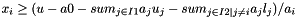$x_i \ge (u - a0 - sum_{j\in I1} a_j u_j - sum_{j\in I2 | j\neq i} a_j l_j) / a_i$