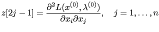 $\displaystyle z[2j - 1] = \frac{\partial^2 L(x^{(0)}, \lambda^{(0)})}{\partial x_{i} \partial x_{j}} , \quad j = 1, \ldots, n$