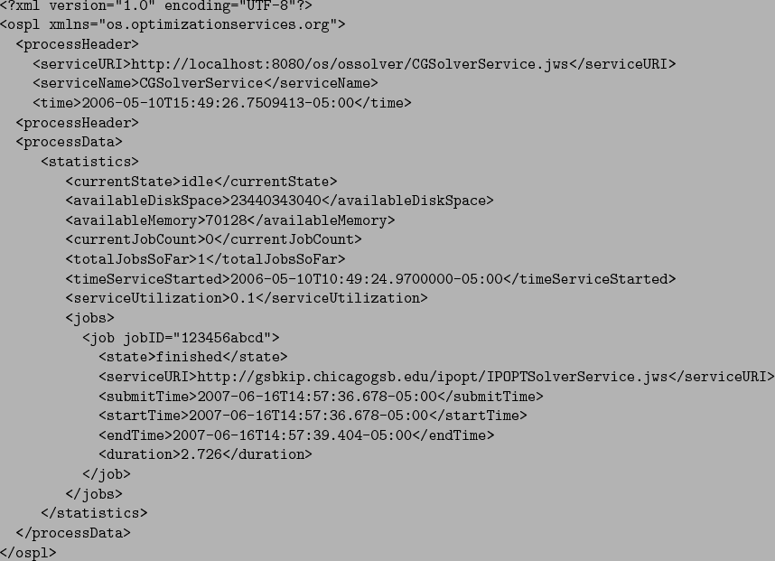 \begin{verbatimtab}[4]
<?xml version=''1.0'' encoding=''UTF-8''?>
<ospl xmlns=''...
...ation>
</job>
</jobs>
</statistics>
</processData>
</ospl>
\end{verbatimtab}