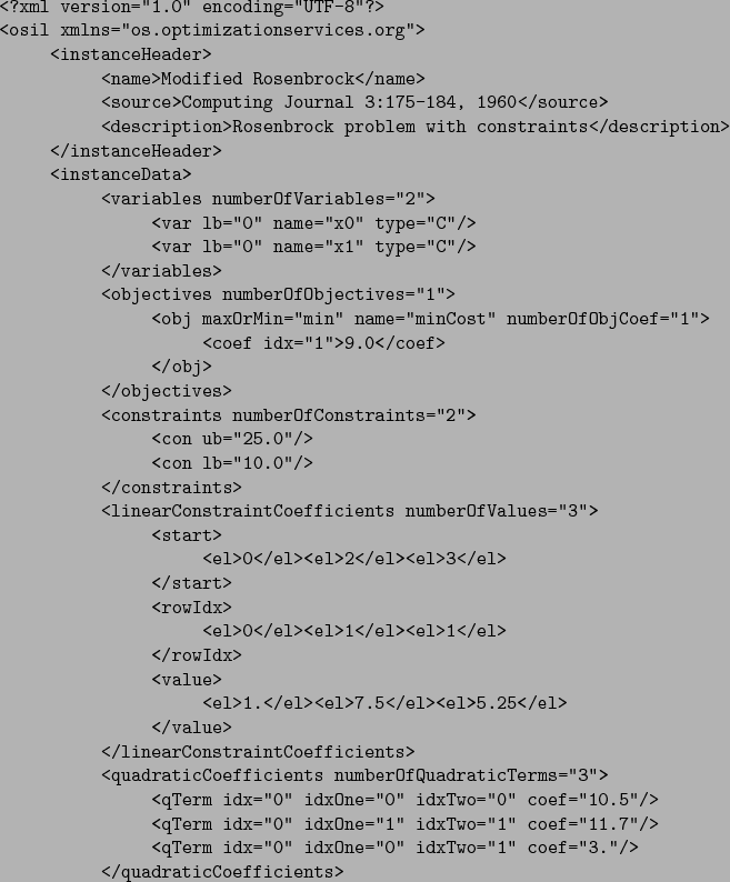 \begin{verbatimtab}[5]
<?xml version=''1.0'' encoding=''UTF-8''?>
<osil xmlns=''...
...One=''0'' idxTwo=''1'' coef=''3.''/>
</quadraticCoefficients>
\end{verbatimtab}