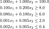 1.000 x_1  + 1.000 x_2 &= 100.0\\
0.100 x_1  + 0.200 x_2 &\ge 8.0\\
0.080 x_1  + 0.100 x_2 &\ge 6.0\\
0.001 x_1  + 0.005 x_2 &\le 2.0\\
0.002 x_1  + 0.005 x_2 &\le 0.4\\