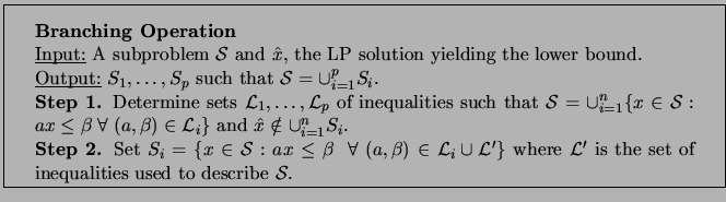 \framebox[5.75in]{
\begin{minipage}{5.25in}
\vskip .1in
{\rm
{\bf Branching Oper...
...l L'}$ is the set of inequalities used to describe ${\cal S}$.}
\end{minipage}}