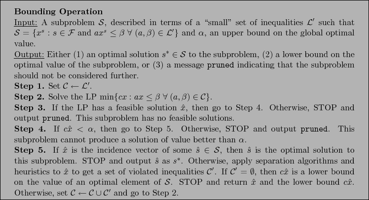 \framebox[6.5in]{
\begin{minipage}{6.0in}
\vskip .1in
{\rm
{\bf Bounding Operati...
...{\cal C} \leftarrow {\cal C} \cup {\cal
C'}$ and go to Step 2.}
\end{minipage}}